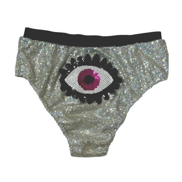 Rave Wonderland Pants - RAVE WONDERLAND Silver Sequin Covered Pink Evil Eye Cheeky Bootie Shorts Sz M/L